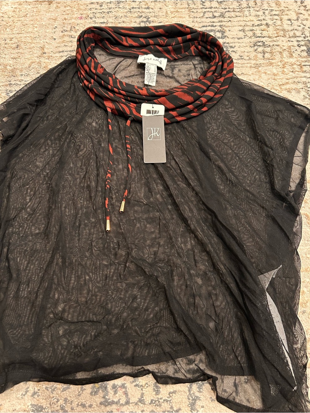 Joseph Ribkoff Black Sheer Top with Red-Black Cowl Neck